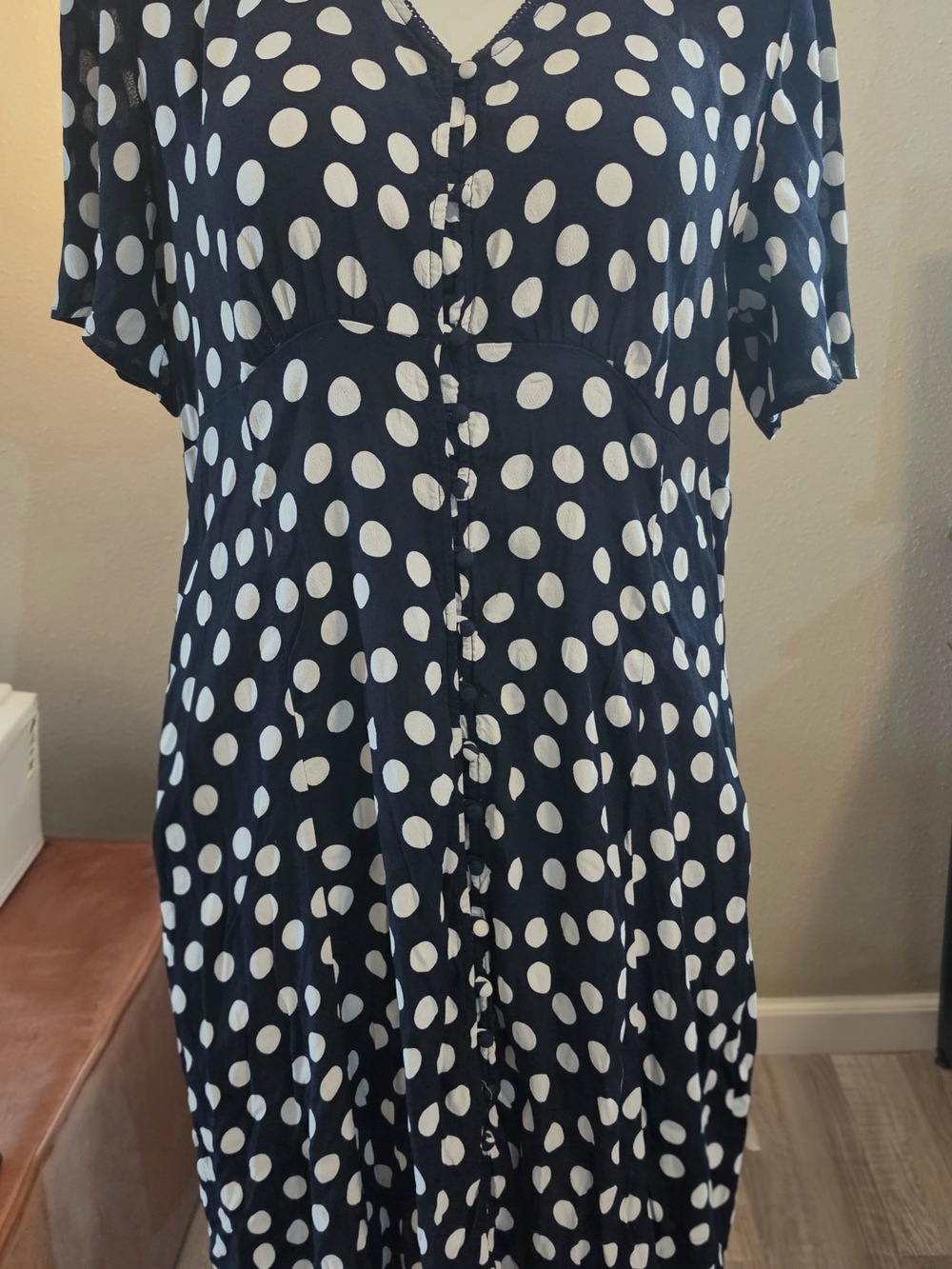 Time and Tru Navy and White Polka Dot Button-Down Top